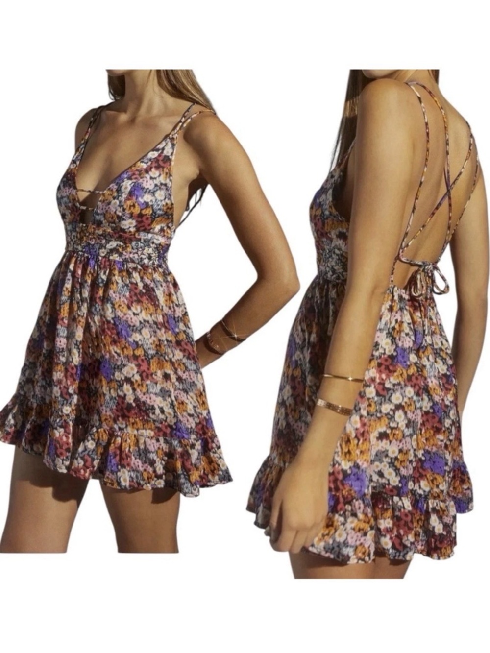 Urban Outfitters Floral Ruffle Mini Dress Open Back Crisscross Straps Size M